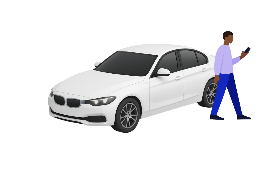 Person with smartphone standing next to a white electric car, representing Reliable Charge EV charging solutions in India