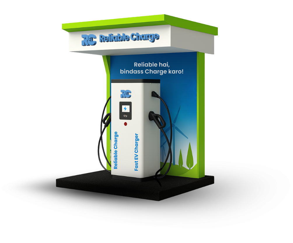 Reliable Charge fast EV charging station with dual connectors, showcasing India’s trusted EV charging network.