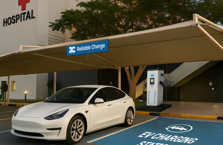 RC EV charging station at hospital parking area, providing fast and reliable EV charging solutions for healthcare facilities in India