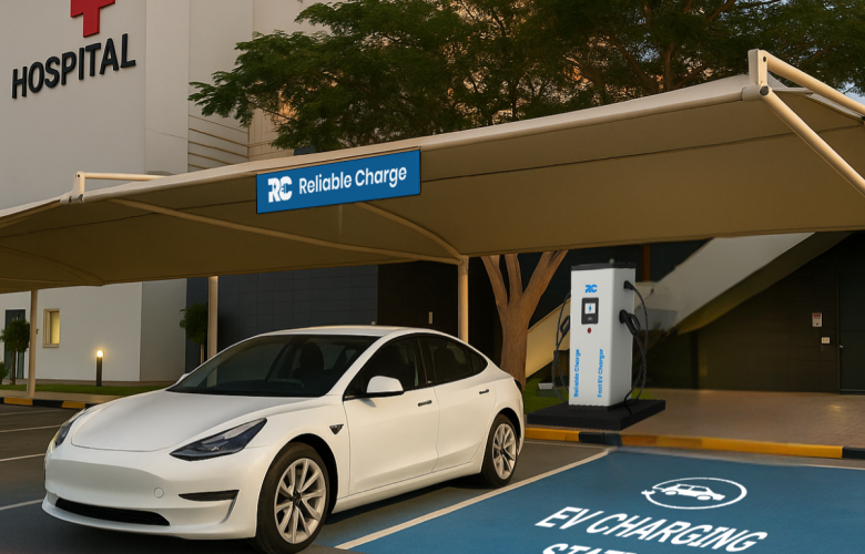RC EV charging station at hospital parking area, providing fast and reliable EV charging solutions for healthcare facilities in India