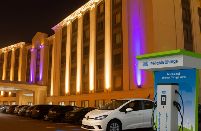 Fast EV charging station at hotel parking area, enabling convenient EV charging for guests and travelers in India.