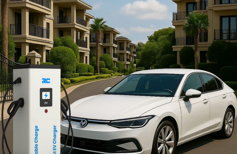 RC fast EV charger at residential complex with electric car, highlighting home and community charging solutions in India.