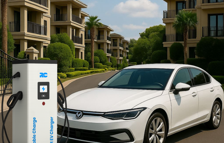 RC fast EV charger at residential complex with electric car, highlighting home and community charging solutions in India.