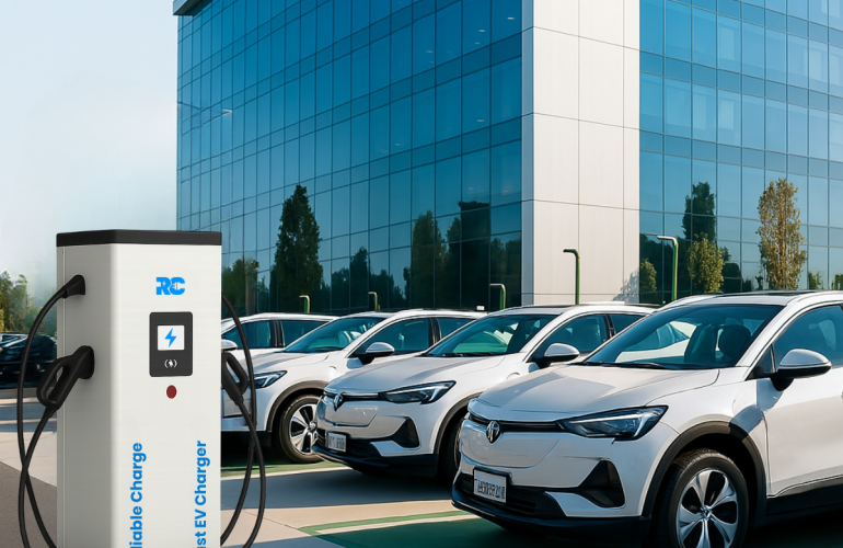 RC Fast EV charger installed in front of office building with electric cars parked, showcasing workplace charging solutions in India.